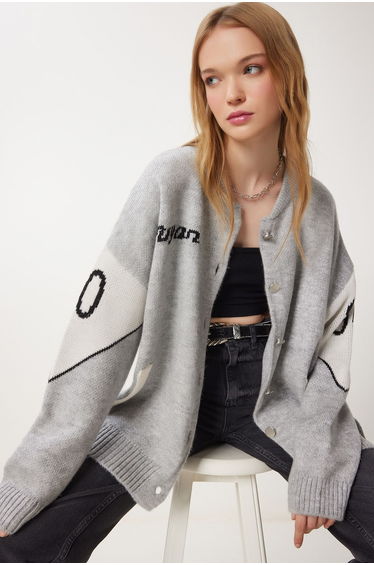 Women's Gray Slogan Knitwear Jacket Cardigan