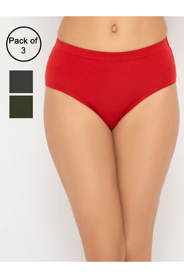 Pack of 3 - Mid Waist Hipster Panties with Inner Elastic - Cotton