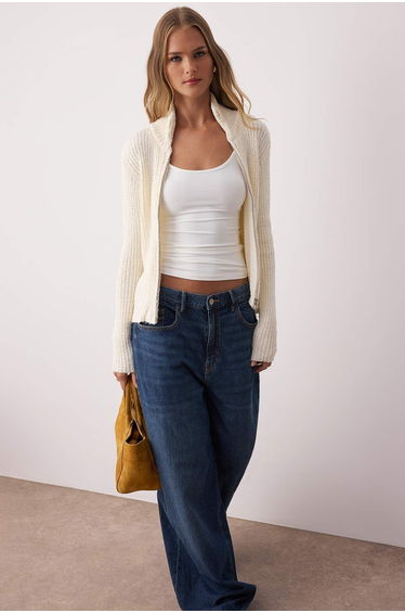 Stone Zippered Stand Collar Soft Textured Cotton Knitwear Cardigan
