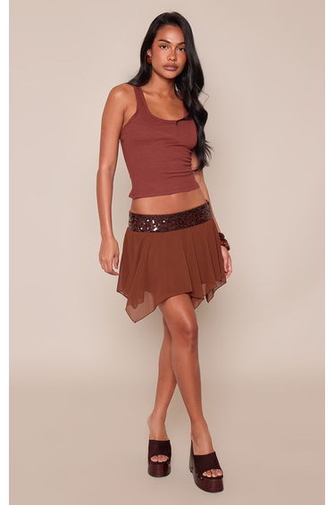 Chocolate Chiffon Sequin Waistband Floaty Mini Skirt
