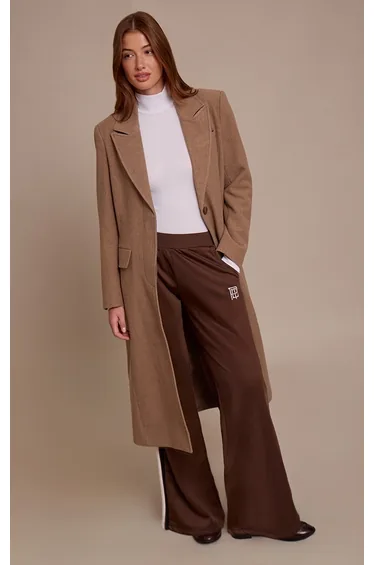 Taupe Single Breasted Seam Detail Wool Look Maxi Coat