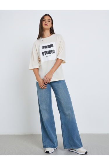 Women Beige Sequin Paris Oversized T-Shirt