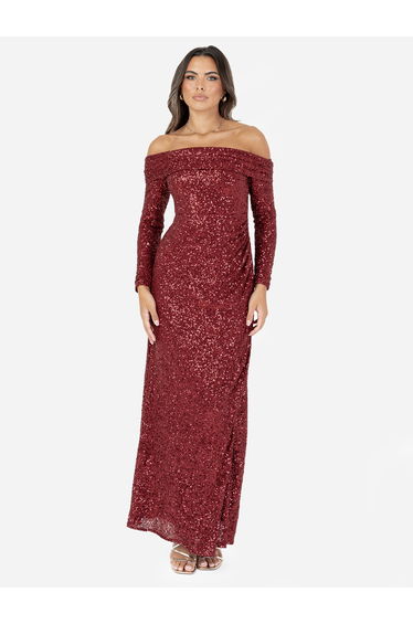Maya Fully Embellished Red Long Sleeve Bardot Maxi Dress