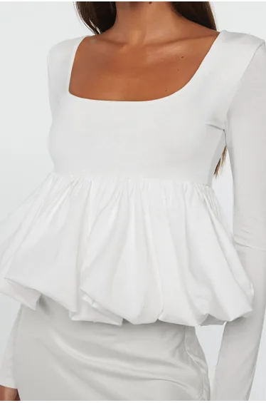 Lvness White U Neck Long Sleeve Bubble Hem Top