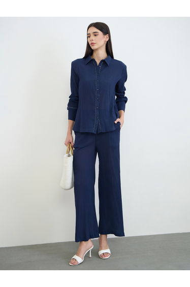 Navy Blue Textured Cotton Shirt and Pants Co-Ord Set
