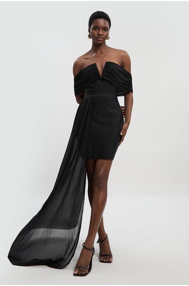 Figure Form Bandage Knit Woven Bardot And Skirt Detail Dress