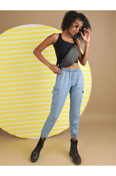 Women Blue Regular Fit Solid Denim Joggers