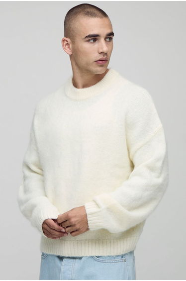 Boxy Fit Brushed Extended Neck Knitted Jumper - ecru