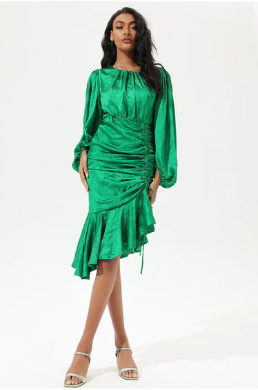 Marlène Round Collar Midi Dress Green in Green