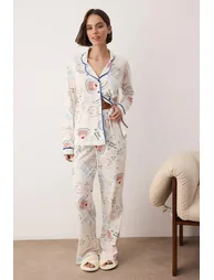 Ecru Printed Single Jersey Knitted Pajama Set
