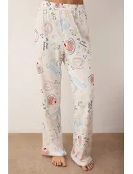 Ecru Printed Single Jersey Knitted Pajama Set - 2