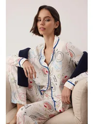 Ecru Printed Single Jersey Knitted Pajama Set - 1