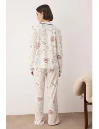 Ecru Printed Single Jersey Knitted Pajama Set - 3