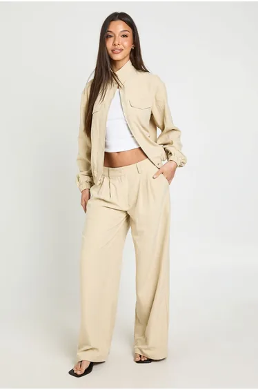 Peached Pleated Wide Leg Trousers - stone