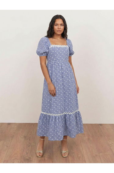Lovedrobe Blue Gingham & Polka Dot Short Sleeve Midaxi Dress