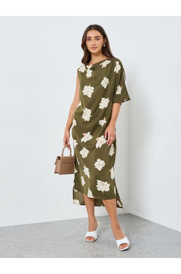 Women Green Floral Short Sleeves Shift Midi Dress