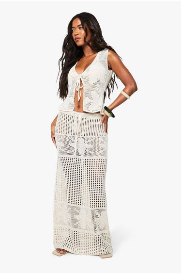 Crochet Flower Detail Maxi Skirt - stone