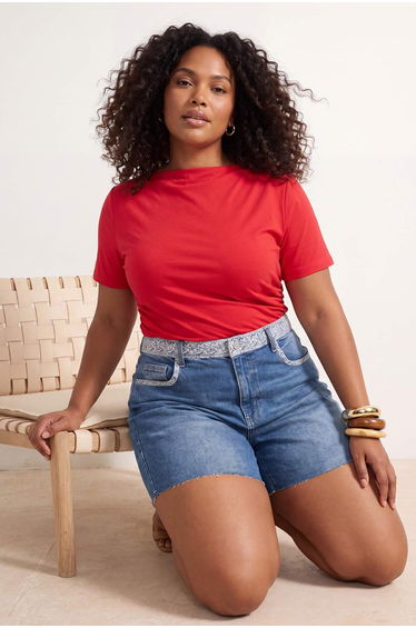Red Draped Flexible Knitted Oversize T-Shirt