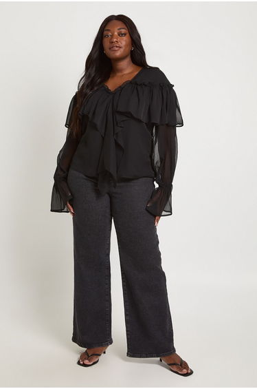 Plus Chiffon Ruffle Front Blouse - black