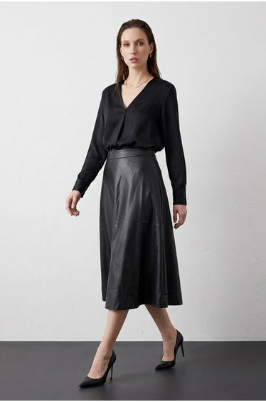 MY FASHION High-Waist Midi A-Line Faux Leather Skirt