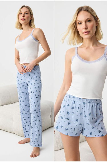 White-Blue Cotton Floral Lace Detailed Ribbed Knit Knitted Pajama Set