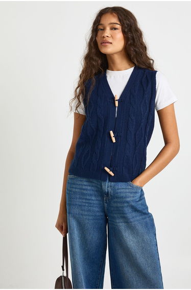 Toggle Button Cable Knit Waistcoat - navy