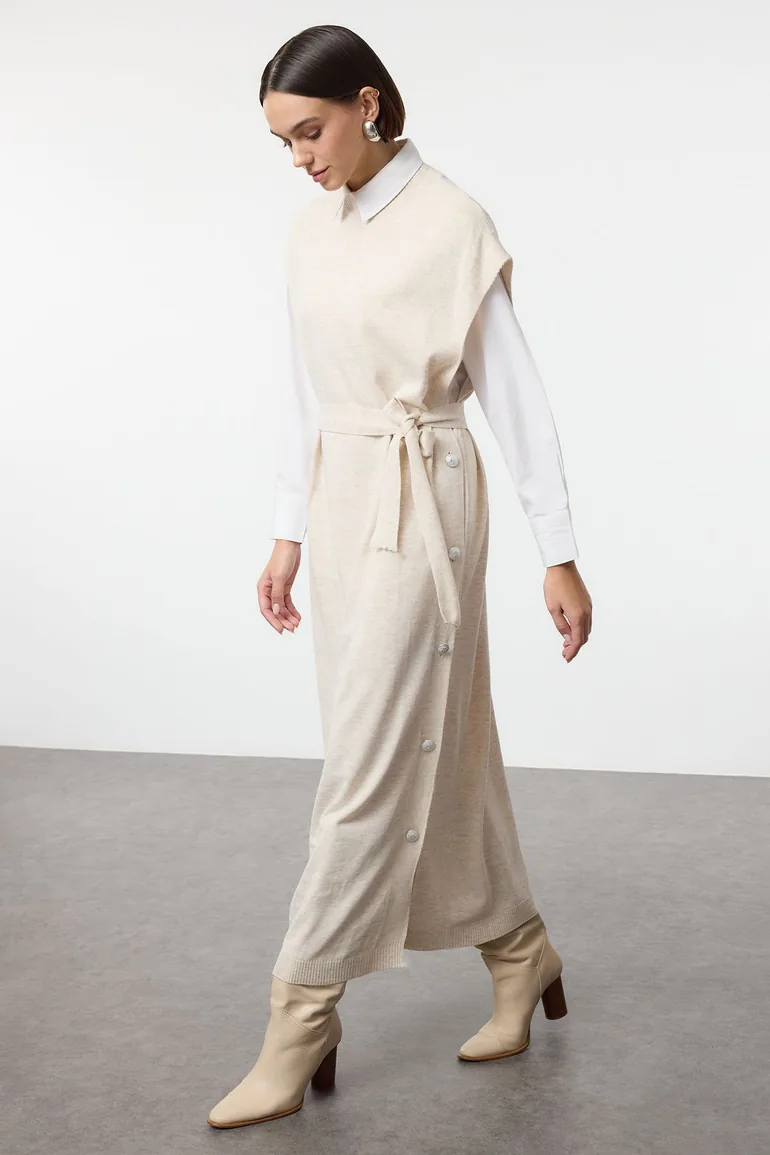 Stone Button Detailed Knit Sweater Dress