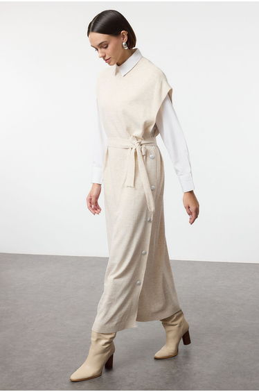 Stone Button Detailed Knit Sweater Dress
