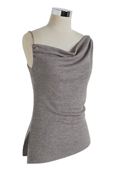 Drape Neck Asymmetric Straps Knit Top in Oatmeal for Weekend Brunches & City Strolls