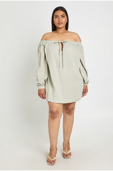 Plus Bardot Volume Sleeve Beach Dress - stone