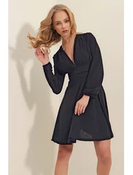 Women's Black Deep V-Neck Flared Sandy Dress - 1