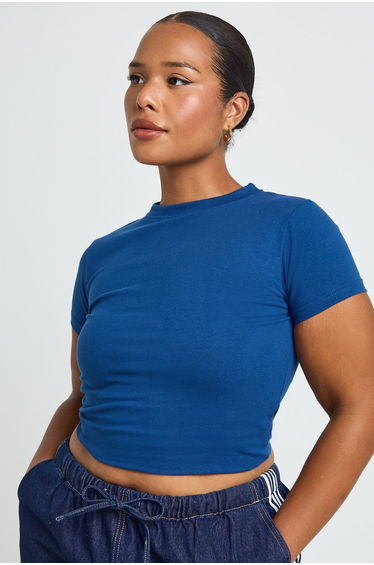 Plus Basic Short Sleeve Longline Fitted Top - navy