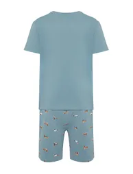 Men's Blue Regular Fit Printed Knitted Pajamas Set - 7