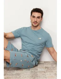Men's Blue Regular Fit Printed Knitted Pajamas Set - 2