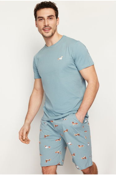 Men's Blue Regular Fit Printed Knitted Pajamas Set