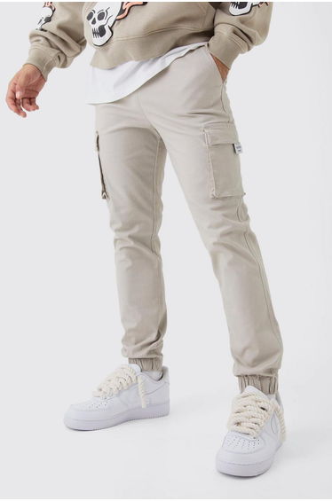 Slim Fit Elasticated Waist Woven Tab Cuffed Cargo Trousers - stone