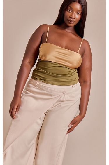 Plus Olive Contrast Bust Panel Strappy Cami Top