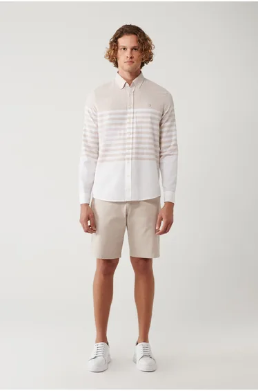 Men's Beige Buttoned Collar Panel Striped Slim Fit Shirt