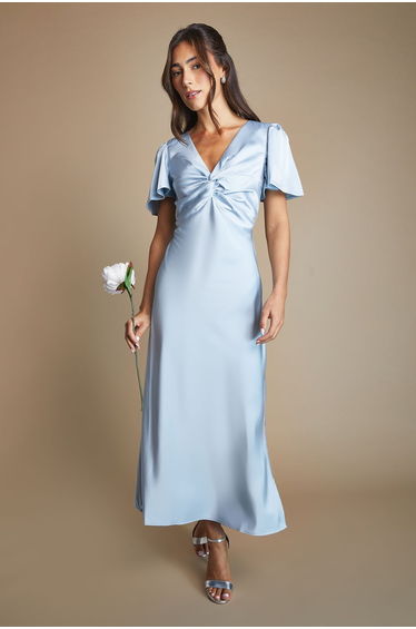 Light Blue Satin Twist Front Angel Sleeve Midi Bridesmaid Dress