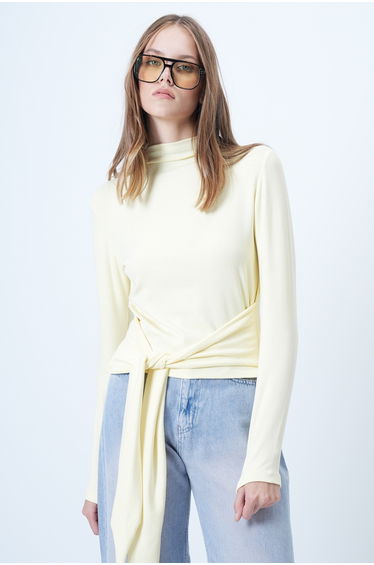 Women's Butter Yellow Mock Neck Waist Tied Blouse