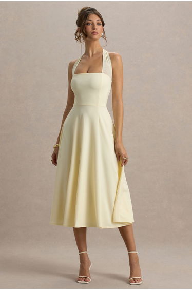 Auburn | Pale Lemon Halter-Neck Midi Dress