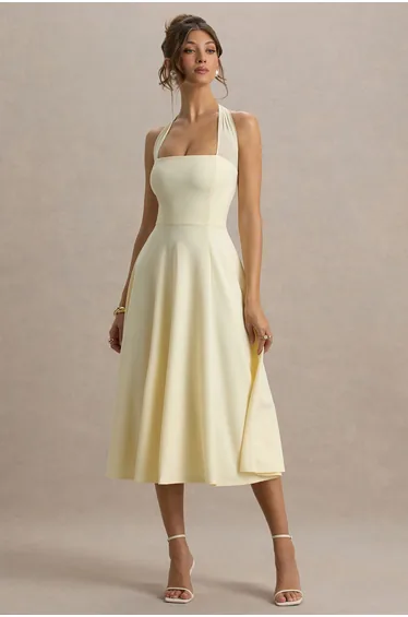 Auburn | Pale Lemon Halter-Neck Midi Dress