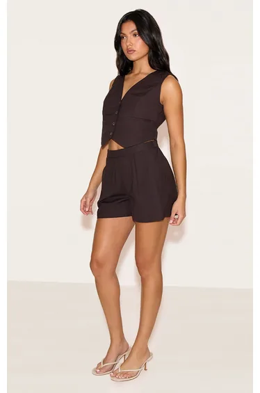 Chocolate Linen Look Oversized Detail Floaty Short