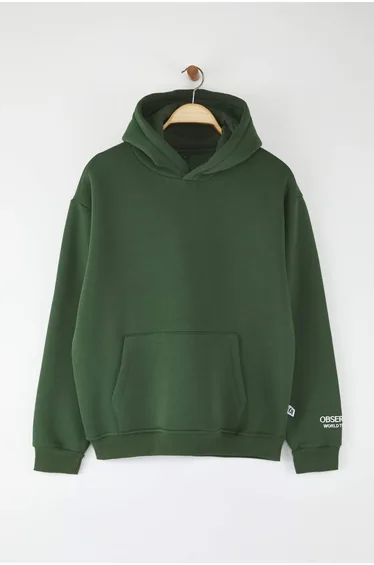 Khaki Hooded Oversize/Wide Cut Embroidered Labeled Soft Fabric Sweatshirt