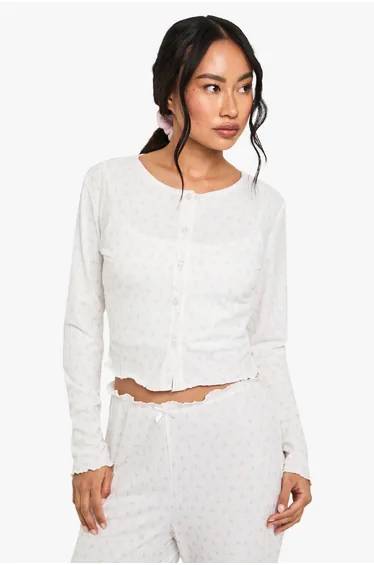 Mix & Match Floral Print Soft Rib Button Through Long Sleeved Pyjama Top - white