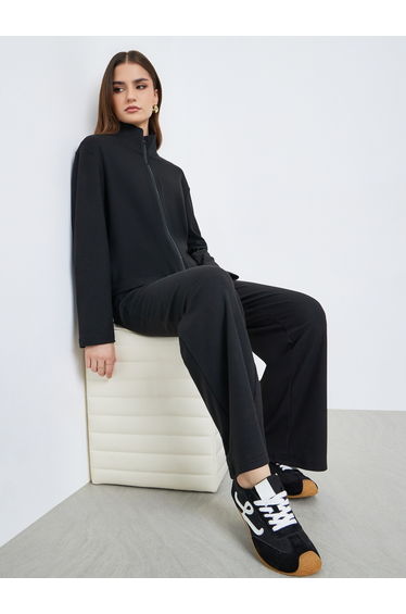 Women Black Zip-Up Knit Jacket and Pants Co-Ords