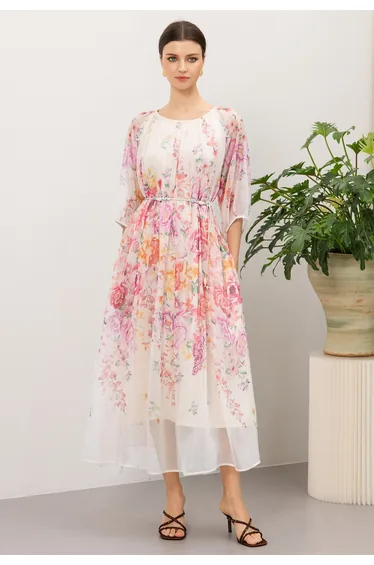 Watercolor Blush Bouquet Tie-Waist Chiffon Maxi Dress for Manor Picnic & Floral Exhibition