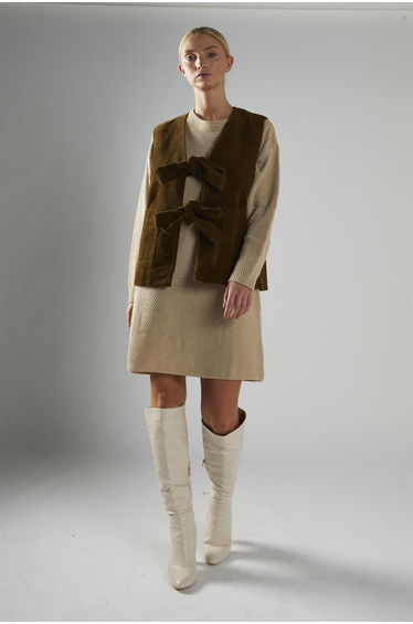 Olive-Brown-Cord Tie-Front Gilet