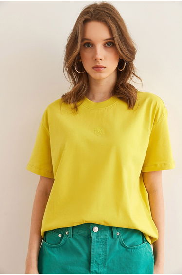 Women's Yellow Embroidered Boyfriend Cotton T-Shirt