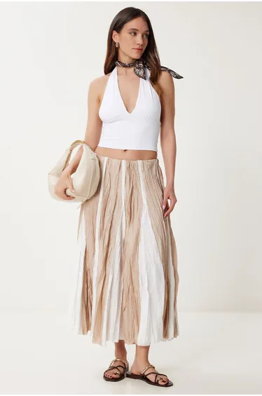 Women's Beige Crinkle Effect Summer Parachute Skirt